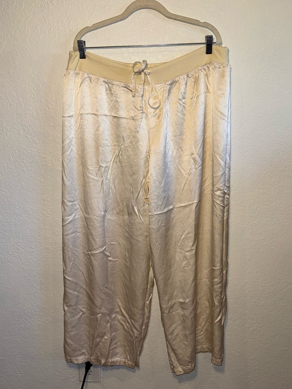 PJ Harlow Cream Supima Cotton Satin Tie Waist Casual Lounge Wide Leg Pants 3X